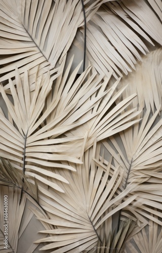 palm leaves and stems on a wall, with a grey ground,