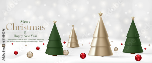3D Merry Christmas and Happy New Year banner with gold and green Xmas tree, ball, snowflake in winter snow white background luxury style for banner, poster, greeting card, online social media. Vector