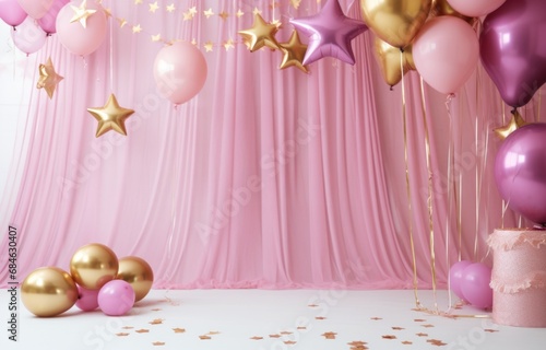 pink and gold balloons, straw straws and hearts