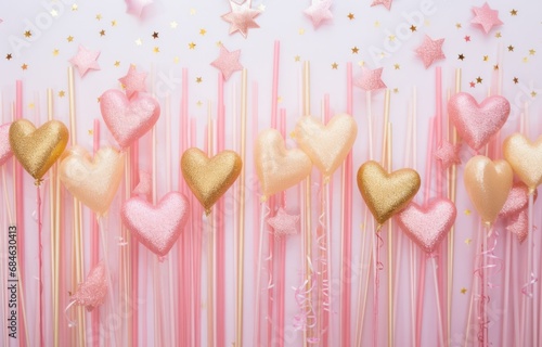 pink and gold balloons, straw straws and hearts