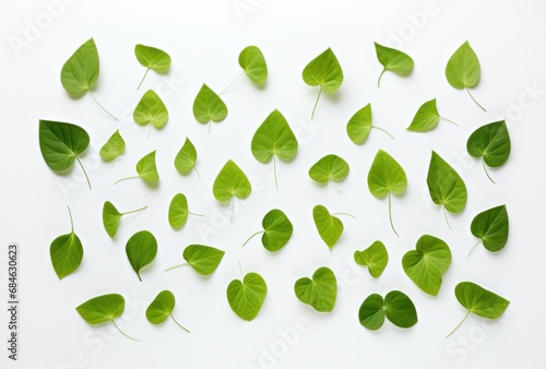 some green leaves are scattered on white background