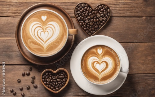 Heart shaped coffee beans and cup of latte on wooden table © Fayjun