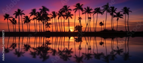 sunset with reflection of palm trees
