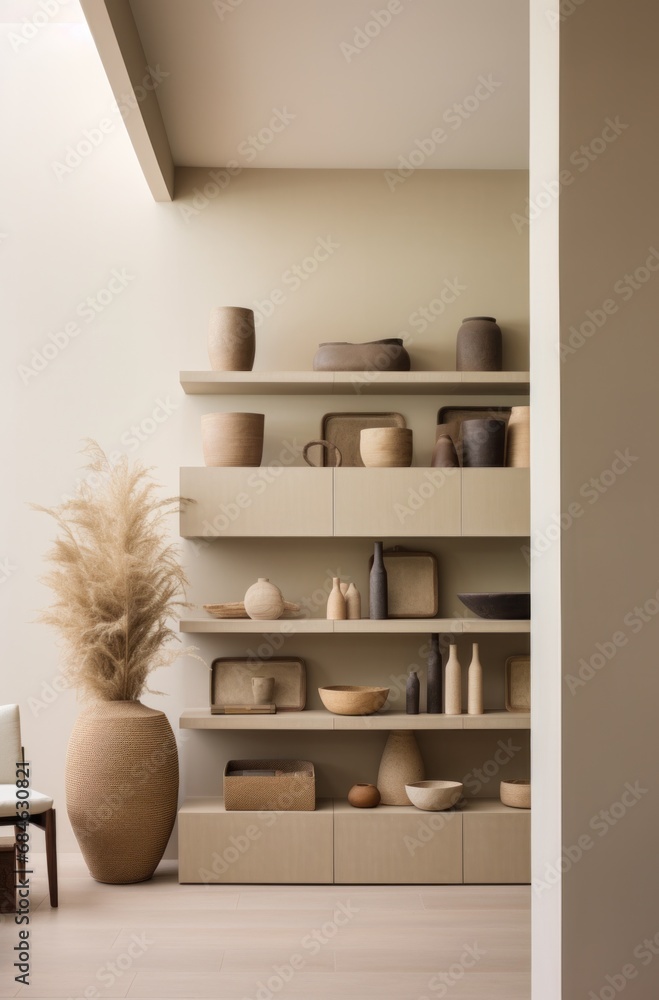 the wall is covered with shelves with planters and tall ceiling, the wall is covered with shelves with planters and tall ceiling,