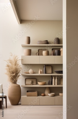 the wall is covered with shelves with planters and tall ceiling,