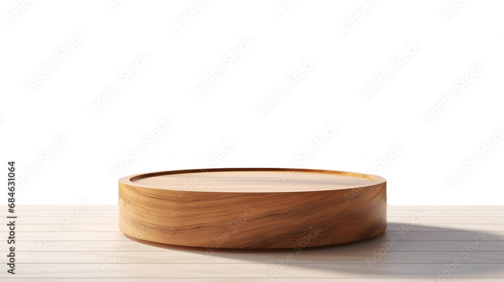 For a product overlay, a realistic 3D render background is used. Close-up of a round teak wood table that is empty, with sunshine and a white wall in the background.  - obrazy, fototapety, plakaty 