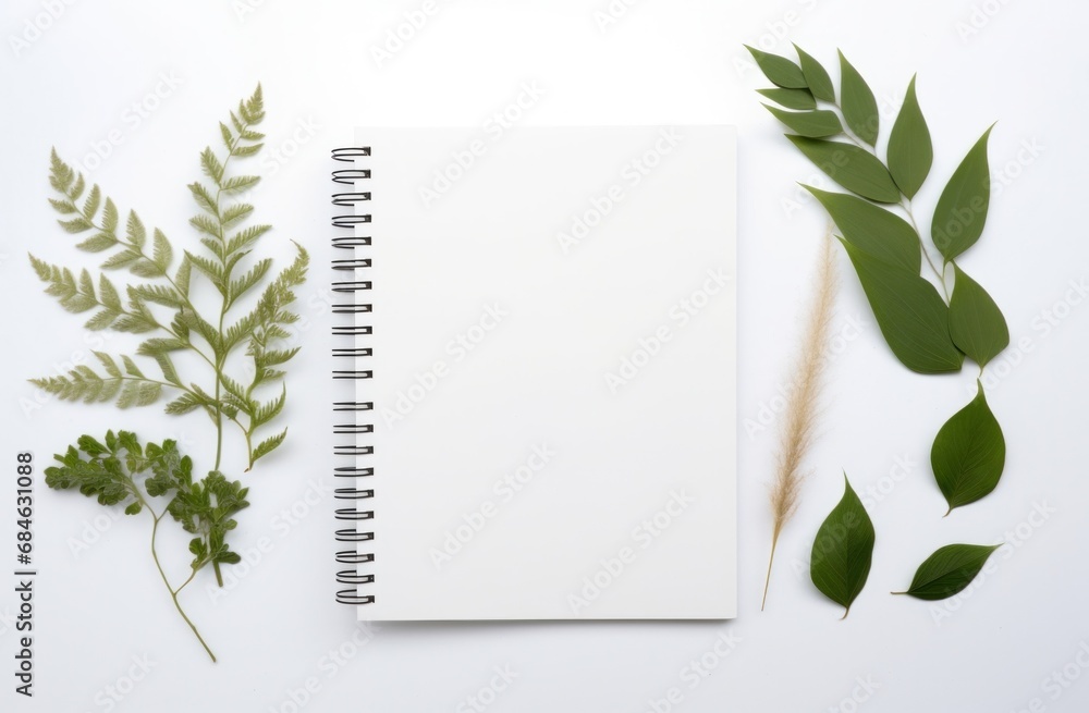 white background with empty notepad and green leaves around a white background