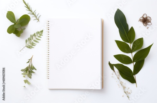 white background with empty notepad and green leaves around a white background