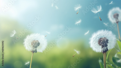 Dandelion plant blowing in wind Spring and summer background