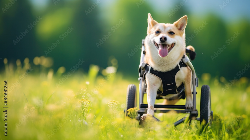 Fototapeta Cute dog with disabilities in wheelchair having fun during a walk in city park, lives in wheelchair, eyes filled with anticipation, Concept of adopting a pet from a shelter
