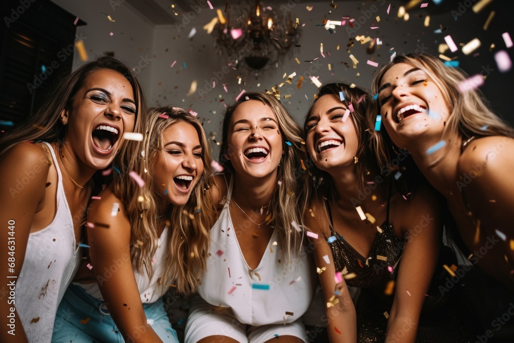 womens friends party at home with confetti.