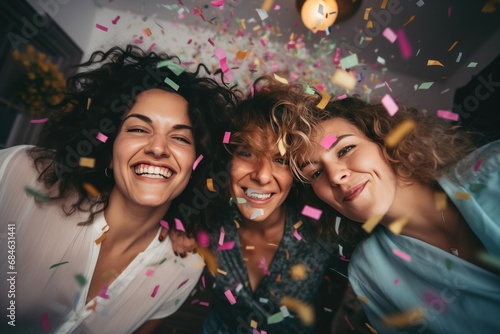 womens friends party at home with confetti.