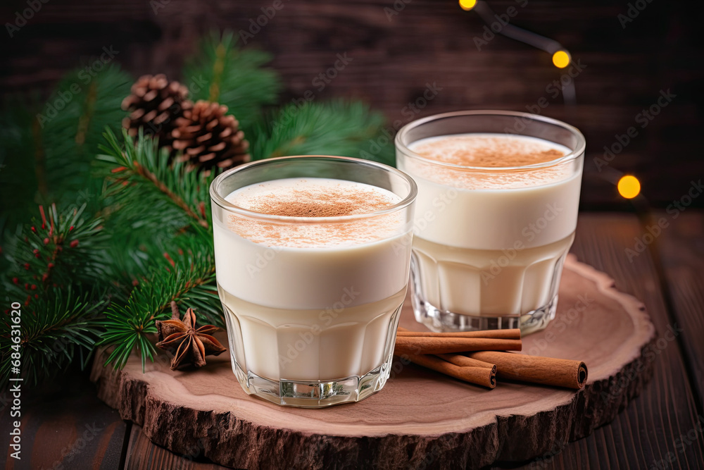Homemade eggnog with cinnamon in glass on wooden table. Typical Christmas drink Homemade eggnog with cinnamon in glass on wooden table. Typical Christmas drink