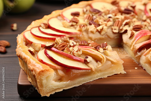 Tasty apple pie with nuts , apple pie on a wooden board, homemade apple pie