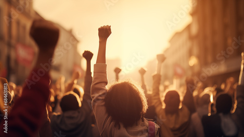 Raised fists of a women for international women day and the feminist movement