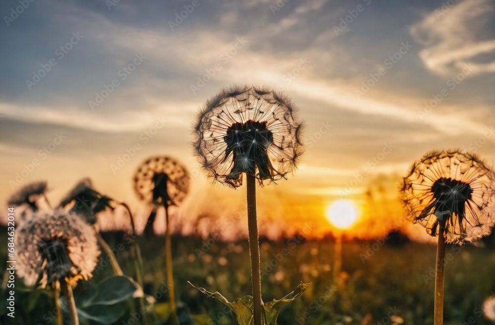 Sunset over a dandelion field with dramatic sky.
