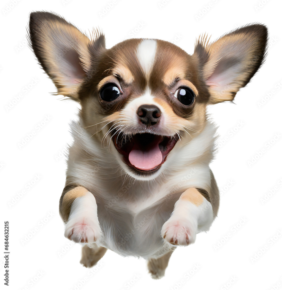 Cute chihuahua puppy jumping. Playful dog cut out at background.