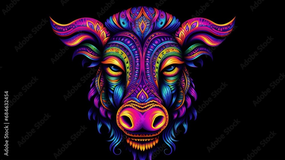 Fototapeta premium colorful psychedelic neon mandala rainbow cow black background.Generative AI