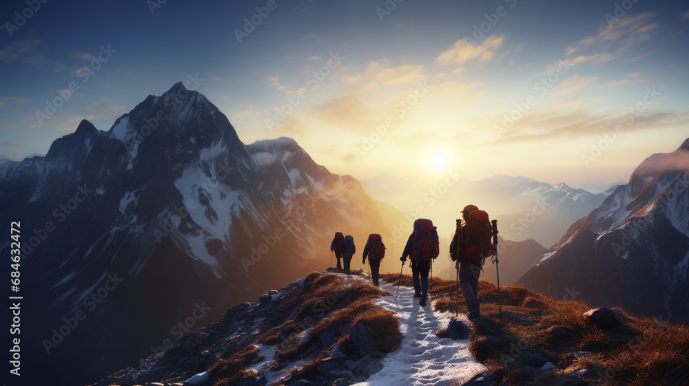 Group of toursit trekkers hiking on snow mountain with sun rise background. Travel vocation adventure in the nature.