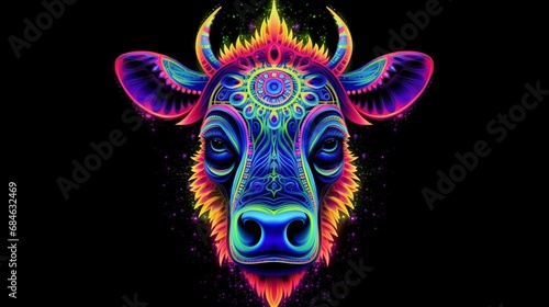 colorful psychedelic neon mandala rainbow cow black background.Generative AI