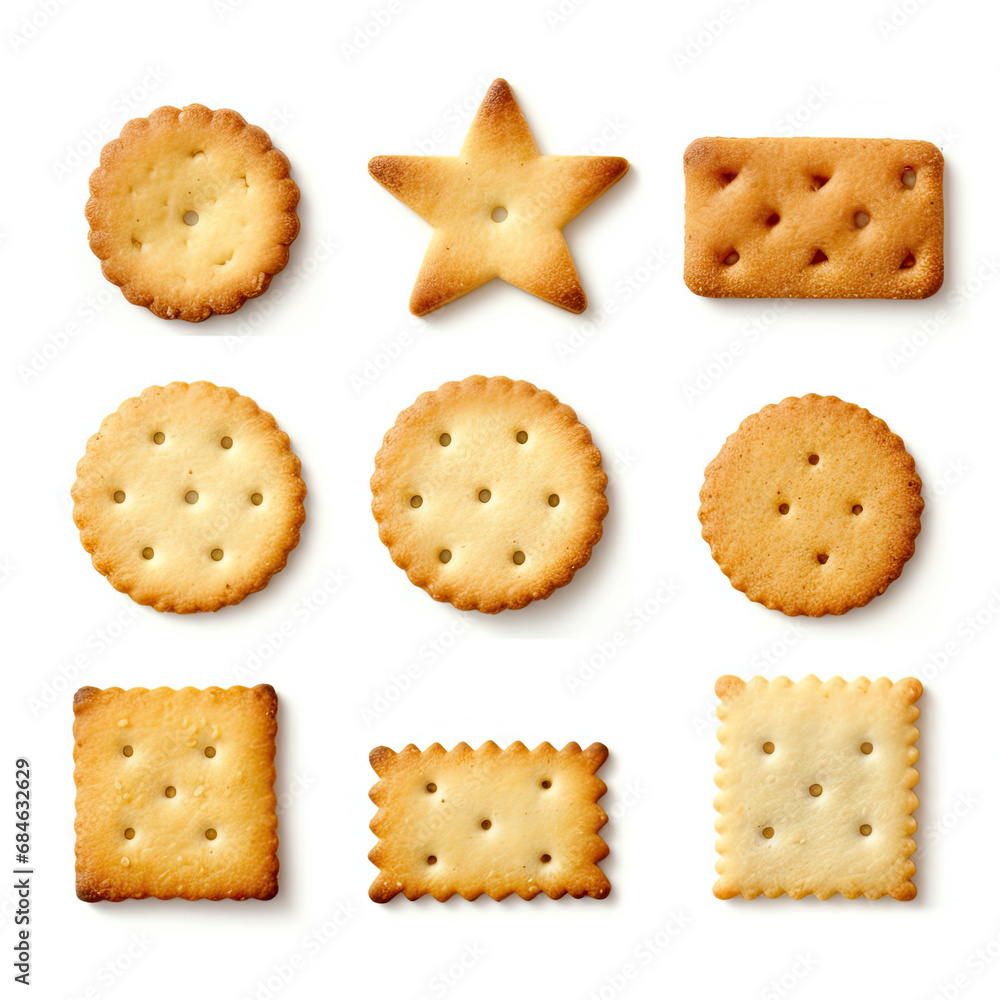 Set of crackers cookies of different shapes close-up on a white background. Top view Set of crackers cookies of different shapes close-up on a white background. Top view