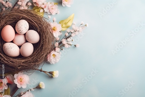 Nest with Easter eggs decorated with flowers on a blue table. Easter background with copy space. AI generated illustration.