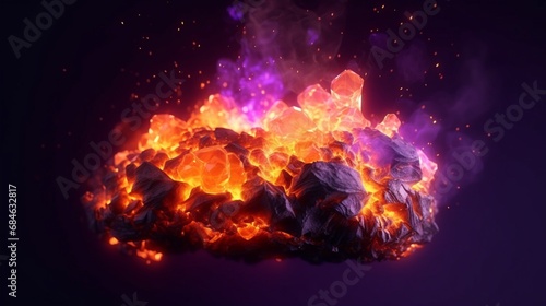 fire rock floating orange and purple lights no background.Generative ai