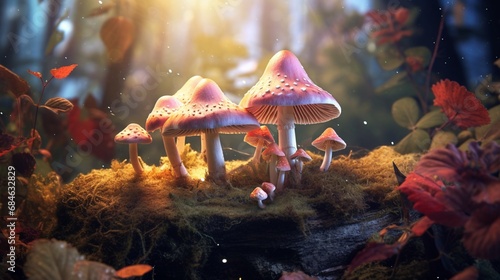 Fantasy Butter flies Mushrooms image.Generative AI photo