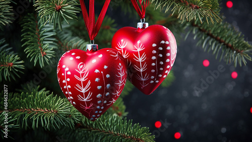 Christmas tree toys two red hearts with patterns on the branches of the New Year tree