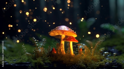 Glowing orange mushroom on moss with fire flies in dar.Generative AI