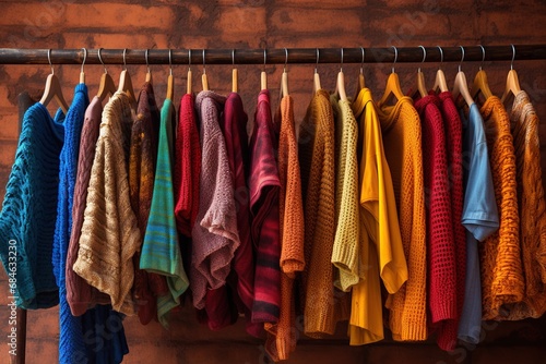 Colorful knitted sweaters hang on a hanger against a brick wall.