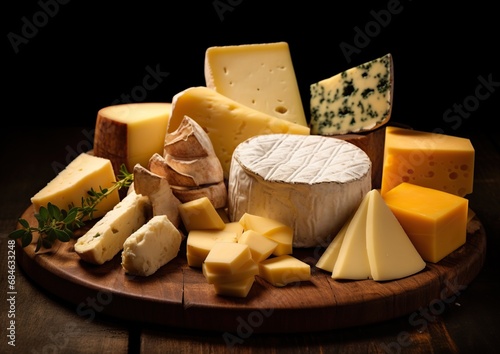An assortment of cheeses, including Camembert, Gouda, and Roquefort, presented on a wooden platter with herbs.