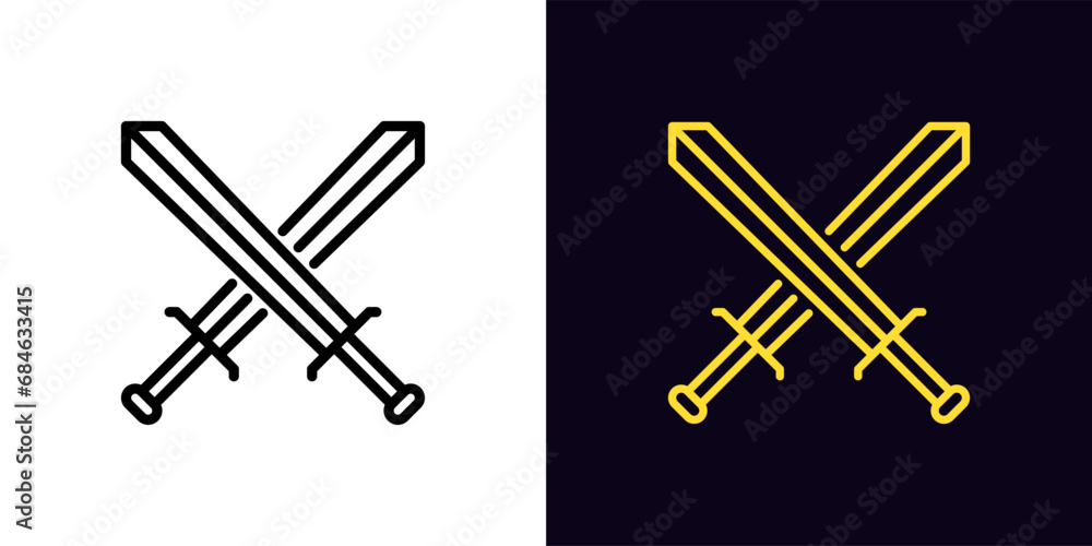 Outline sword battle icon, with editable stroke. Crossed swords sign, gaming battle arena. Royal sword fight, gladiator battle, steel weapon, game medieval civilization with warrior clash. Vector icon - obrazy, fototapety, plakaty 