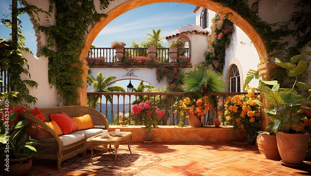 A spacious Mediterranean-style terrace with arched passages, an abundance of plants, and a sea view - obrazy, fototapety, plakaty 