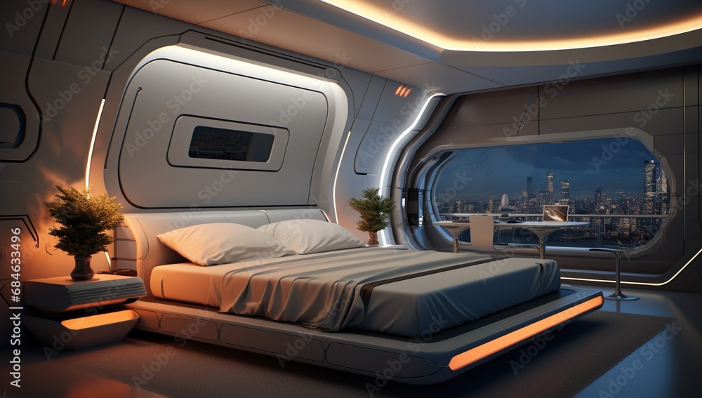 Fototapeta premium A futuristic bedroom with high-tech elements, ambient lighting, and a panoramic window overlooking a night cityscape.