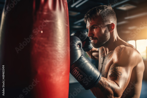 Boxer practicing on a heavy bag. The concept is athletic dedication and training. © Anna
