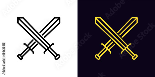 Outline sword battle icon, with editable stroke. Crossed swords sign, gaming battle arena. Royal sword fight, gladiator battle, steel weapon, game medieval civilization with warrior clash. Vector icon photo