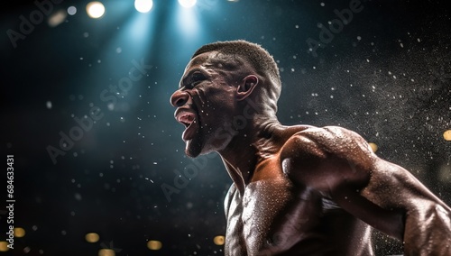 A boxer in a victorious yell under spotlights, with particles of sweat flying in the air.