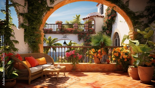 A spacious Mediterranean-style terrace with arched passages, an abundance of plants, and a sea view