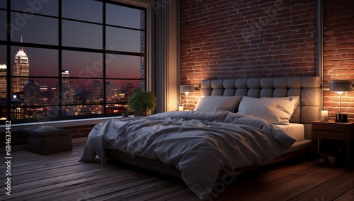 A modern loft-style bedroom with brick walls and a large window showcasing a cityscape at sunset.