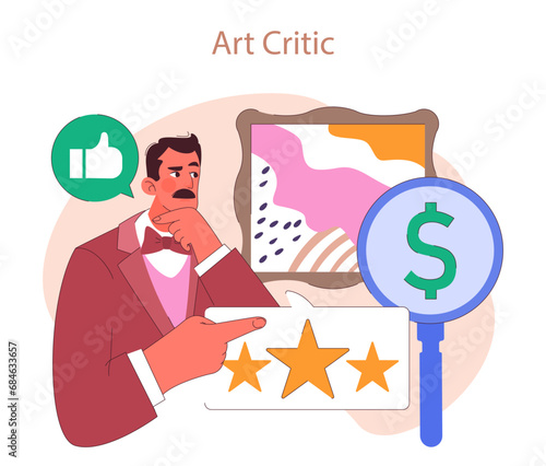 Museum or art gallery. Thoughtful art critic evaluates modern painting, contemplating value and feedback. Magnifying glass reveals an artwork price. Flat vector illustration