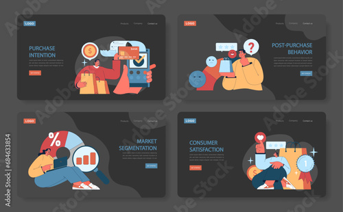 Consumer behavior dark or night mode web or landing set. Purchase journey. Decision process to buy and use product or service. Marketing strategy building, commerce campaign. Flat vector Illustration