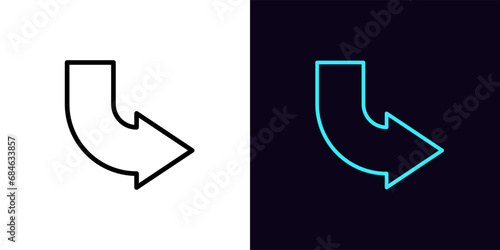 Outline bended arrow icon, with editable stroke. Curved arrow pointer, bent arrowhead sign. Rounded arrow, turning cursor, bended navigation pointer, rotate motion direction. Vector icon photo