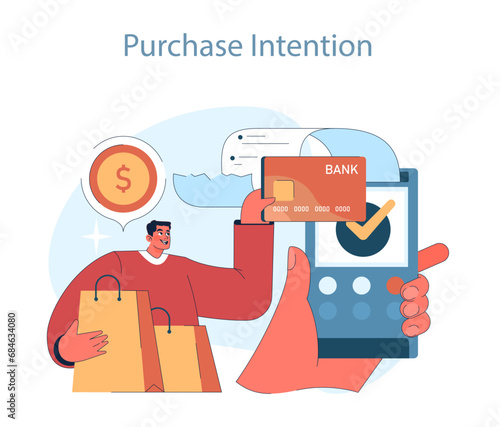 Consumer behavior. Purchase journey. Confident shopper securing a transaction, symbolizing the decisive moment of purchase intention. Flat vector illustration