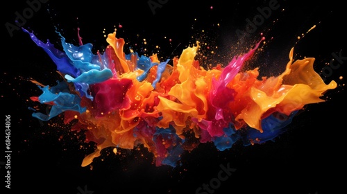 Colorful splash of multicolored paint scatters directions on dark background © artpray