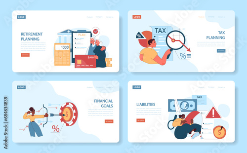 Financial planning web or landing set. Insightful visual guide to retirement, tax planning, financial goals, and liabilities. Navigate fiscal decisions with ease. Flat vector illustration