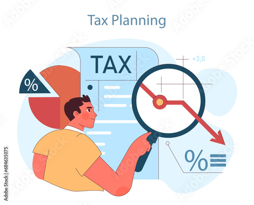 Financial planning. Analyzing tax planning strategies to reduce liabilities and maximize returns. Navigating through fiscal intricacies. Flat vector illustration
