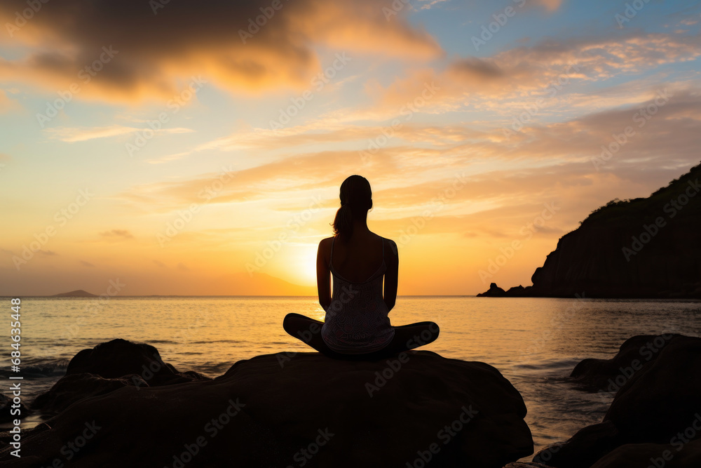 Silhouette of woman in yoga pose at ocean sunset