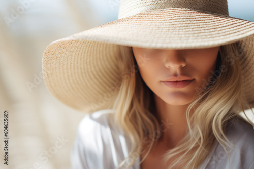 Woman partially hidden by a wide-brimmed hat. The concept is elegance and mystery.