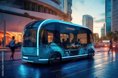 Futuristic autonomous bus on city street at dusk photo
